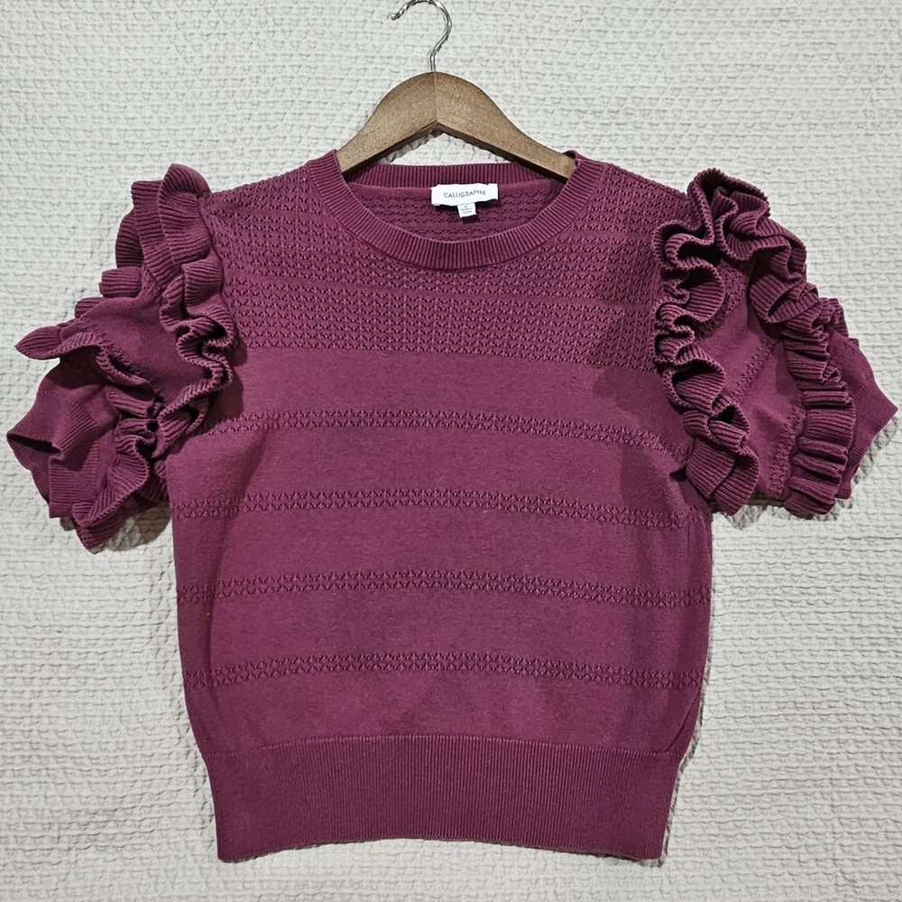 Calligraphie Raspberry Double Ruffled‎ Cap Sleeve Knit Cardigan Sweater Size M